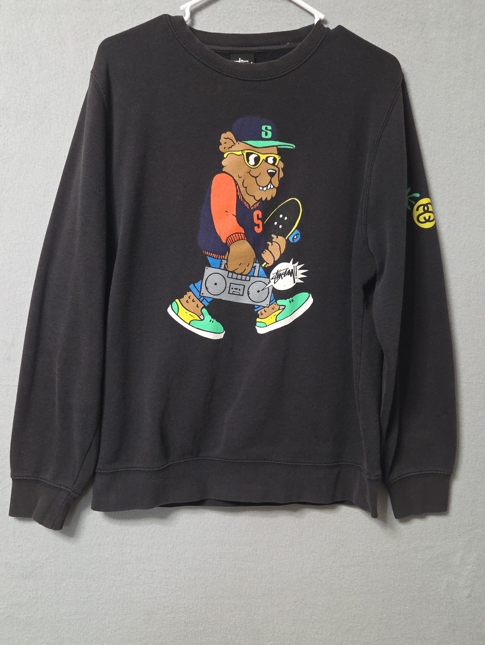Stussy Black Crewneck with Colorful Skate Bear Graphic Medium